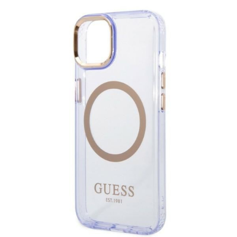Capa rígida roxa Guess GUHMP14SHTCMU para Apple iPhone 14, Gold Outline Translucent, MagSafe
