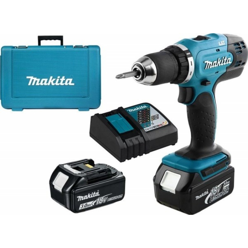Makita DDF453RFE Berbequim sem fio com 2 baterias e bucha sem chave, preto/azul