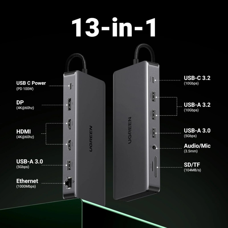 Estação de acoplamento USB-C para portátil Ugreen Revodok Pro 313 (15978), UGR1851, 100 W, cinzento