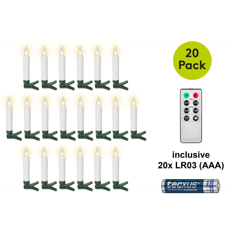 Goobay 75258 Velas de árvore de Natal LED sem fios (20 unid.), incl. 20x AAA (LR03), clipes, telecomando, temporizador, regulável, branco quente (2600 K)