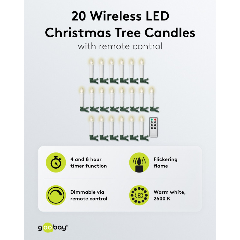 Goobay 75258 Velas de árvore de Natal LED sem fios (20 unid.), incl. 20x AAA (LR03), clipes, telecomando, temporizador, regulável, branco quente (2600 K)