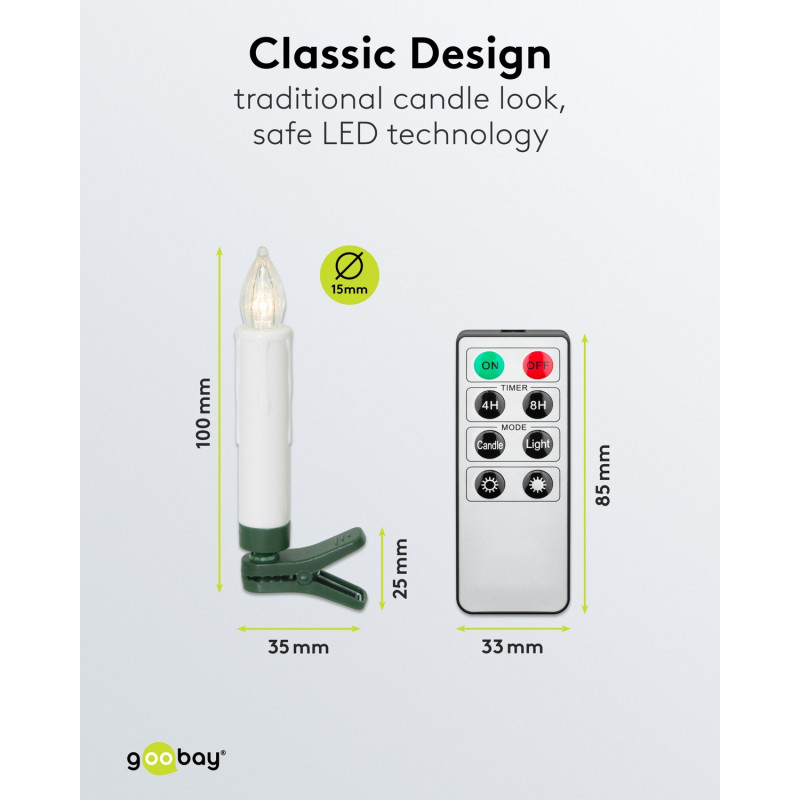 Goobay 75258 Velas de árvore de Natal LED sem fios (20 unid.), incl. 20x AAA (LR03), clipes, telecomando, temporizador, regulável, branco quente (2600 K)