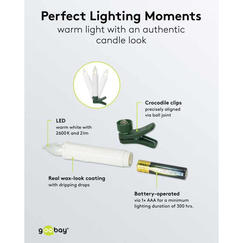 Goobay 75258 Velas de árvore de Natal LED sem fios (20 unid.), incl. 20x AAA (LR03), clipes, telecomando, temporizador, regulável, branco quente (2600 K)