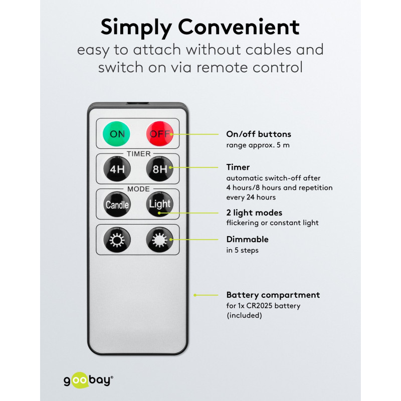 Goobay 75258 Velas de árvore de Natal LED sem fios (20 unid.), incl. 20x AAA (LR03), clipes, telecomando, temporizador, regulável, branco quente (2600 K)
