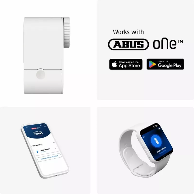 Acionador de fechadura de porta sem fios ABUS ABLO10000W – montagem à superfície para cilindro de perfil europeu, branco