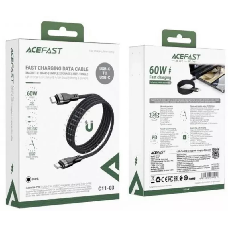 Acefast C11-03 Cabo 3em1 USB-C para USB-C 100W 480Mbps 1,2m Preto