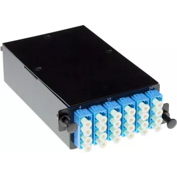 Cassete multimodo ACT FA2053 MTP/MPO para LC de 12 fibras, polaridade Tipo B, caixa metálica preta, montagem em rack 1U
