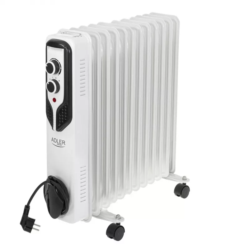 Radiador a óleo Adler AD 7817, 11 elementos, 2500W, 3 níveis de aquecimento, termostato ajustável, proteção contra sobreaquecimento e queda, rodas e pega, Preto