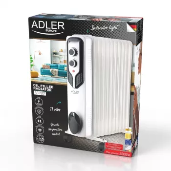 Radiador a óleo Adler AD 7817, 11 elementos, 2500W, 3 níveis de aquecimento, termostato ajustável, proteção contra sobreaquecimento e queda, rodas e pega, Preto