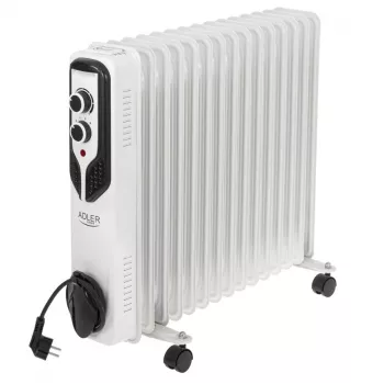 Radiador a óleo Adler AD 7819, 2000W, 9 elementos, 3 níveis de aquecimento, termostato regulável, proteção contra sobreaquecimento, rodas integradas, branco/cinzento