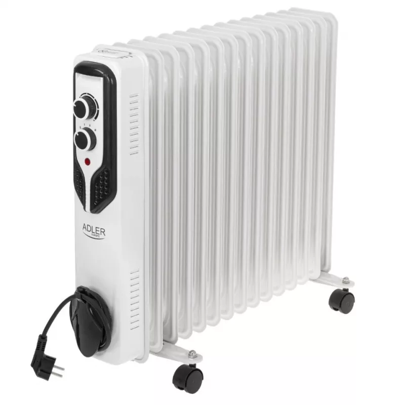 Radiador a óleo Adler AD 7819, 2000W, 9 elementos, 3 níveis de aquecimento, termostato regulável, proteção contra sobreaquecimento, rodas integradas, branco/cinzento