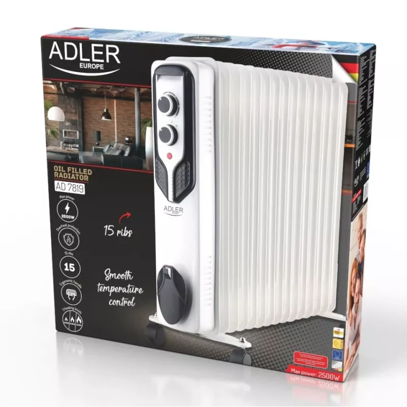 Radiador a óleo Adler AD 7819, 2000W, 9 elementos, 3 níveis de aquecimento, termostato regulável, proteção contra sobreaquecimento, rodas integradas, branco/cinzento