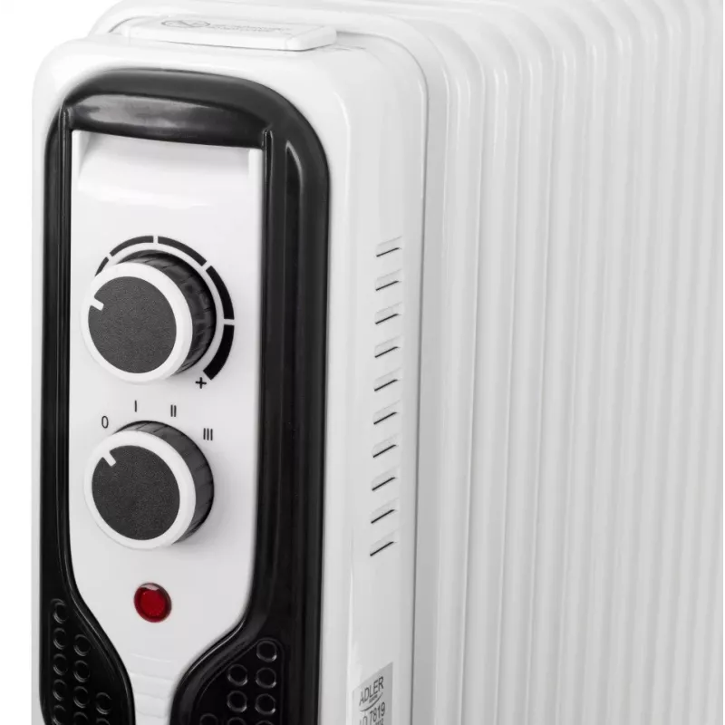 Radiador a óleo Adler AD 7819, 2000W, 9 elementos, 3 níveis de aquecimento, termostato regulável, proteção contra sobreaquecimento, rodas integradas, branco/cinzento
