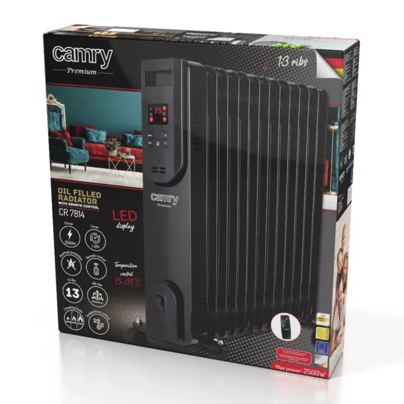 Camry CR 7814 radiador a óleo com comando à distância, 2500 W, 13 elementos, preto
