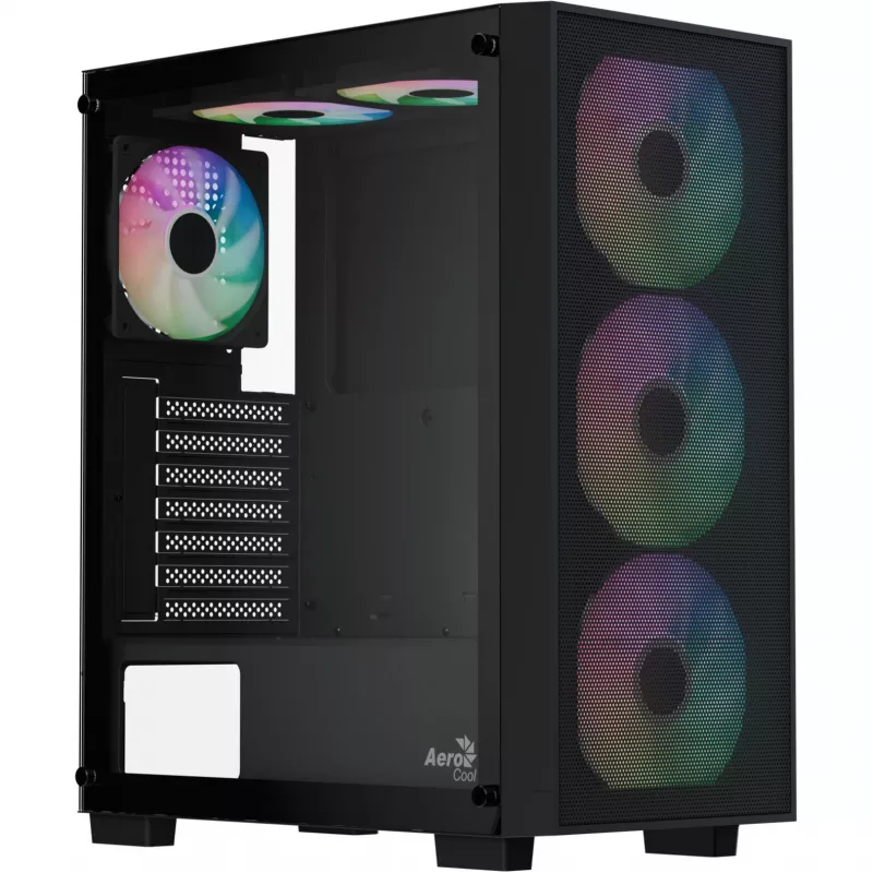 Caixa de PC Mid Tower Aerocool B509A Flow-G-BK-v1 com fonte de alimentação de 650W, vidro temperado, preto
