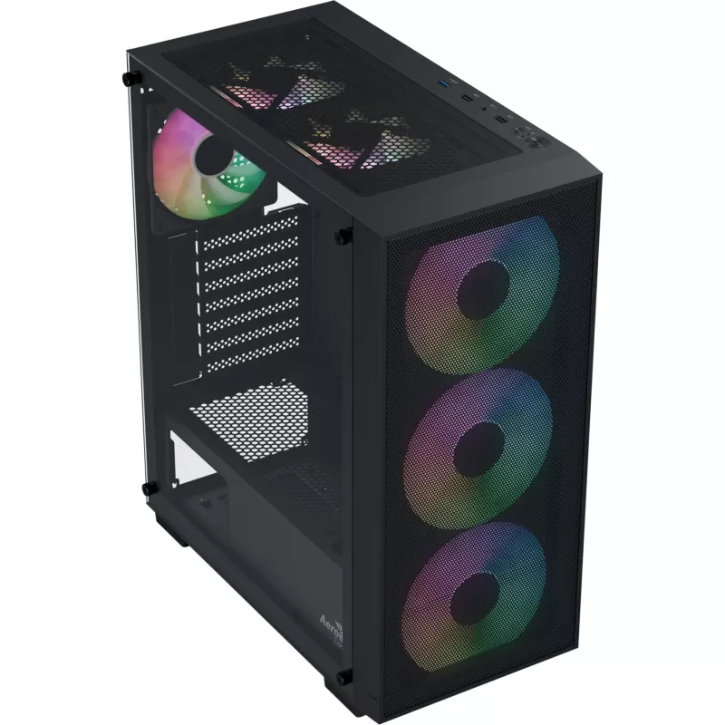 Caixa de PC Mid Tower Aerocool B509A Flow-G-BK-v1 com fonte de alimentação de 650W, vidro temperado, preto