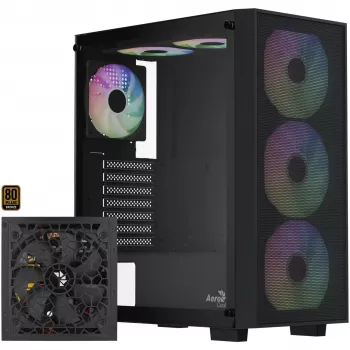 Caixa de PC Mid Tower Aerocool B509A Flow-G-BK-v1 com fonte de alimentação de 650W, vidro temperado, preto