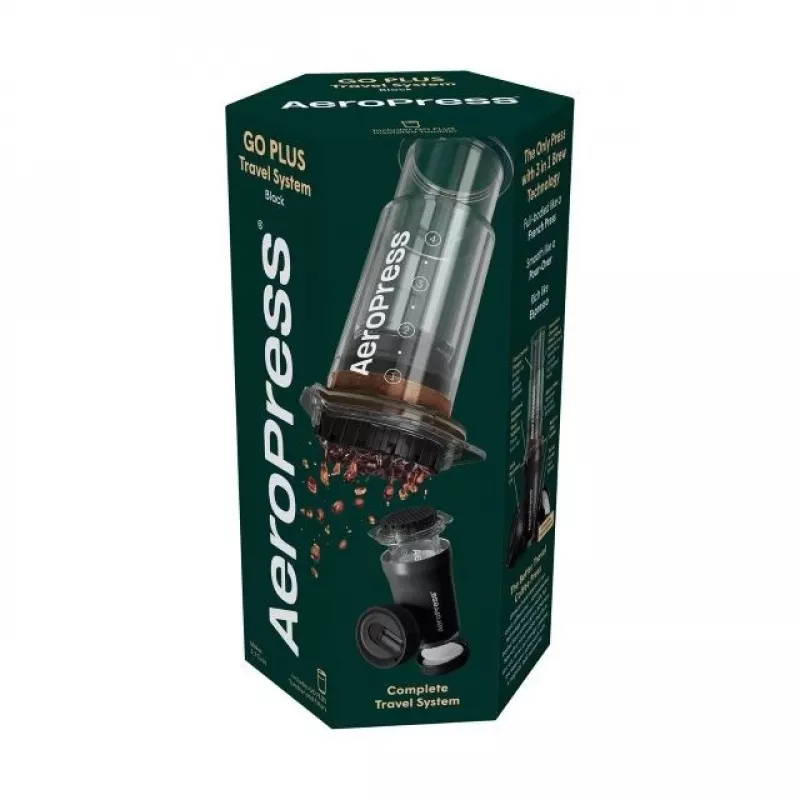 Prensa de café de viagem AeroPress Go Plus com copo isotérmico - preto