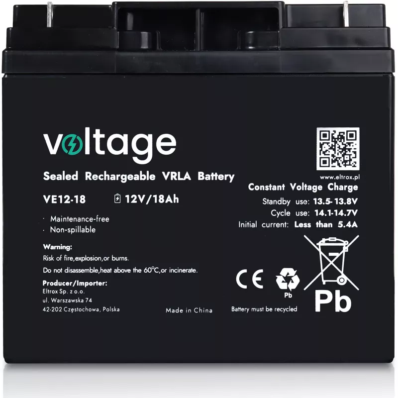 Bateria AGM Voltage 12V 18Ah VE12-18 (duração 6-9 anos)