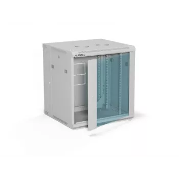 ALANTEC Armário de parede 19 polegadas 12U 600x600mm, Dupla secção, Porta única de vidro, Painéis laterais totalmente removíveis com fecho, 4 calhas de montagem, Cinzento, Flat Pack