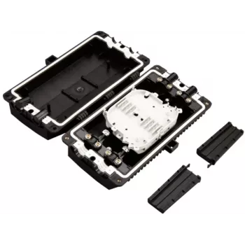 Caixa de emenda de fibra ótica ALANTEC FOM-48K-P flat pass-through, 48 emendas, completa com bandejas de emenda, mangas de proteção de emenda, mangas de vedação de cabo termorretráteis, ferragens de montagem