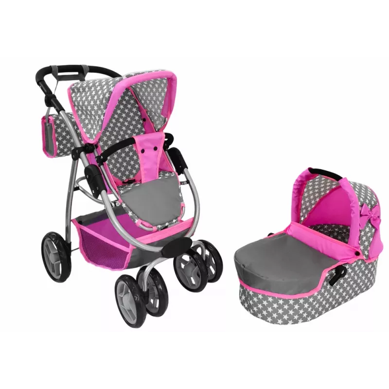 ALICE carrinho de boneca 2 em 1 com saco alcofa rosa estrelas