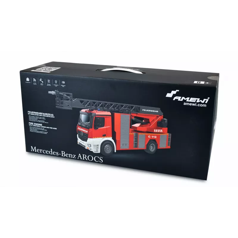 Camião de bombeiros com escada giratória Mercedes-Benz Amewi 1:18 RTR 2,4GHz com jato de água