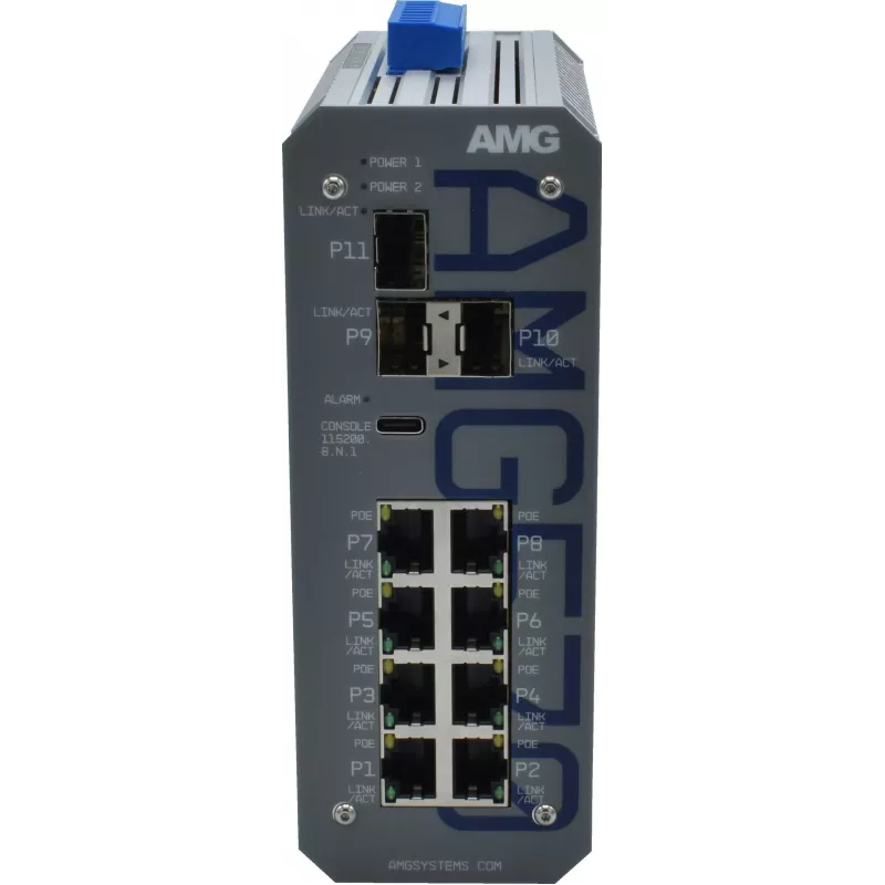 AMG Industrial Switch gerido, 8x 10/100 Mbps, calha DIN, alimentação redundante