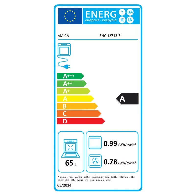Amica EHC12713E conjunto de forno de encastrar com placa vitrocerâmica, 65 litros, 8 funções, classe energética A, aço inoxidável