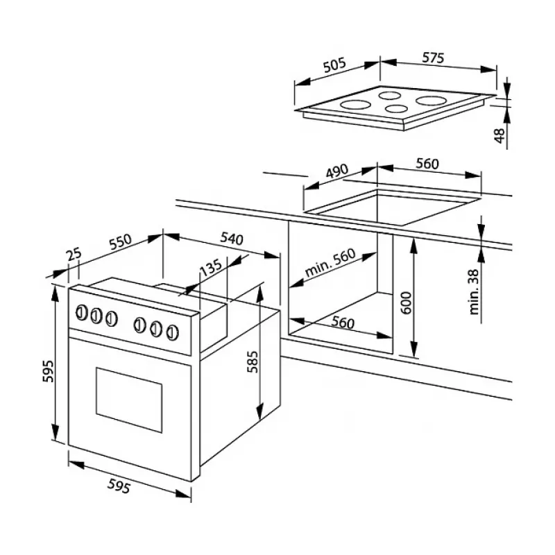 Amica EHC12713E conjunto de forno de encastrar com placa vitrocerâmica, 65 litros, 8 funções, classe energética A, aço inoxidável