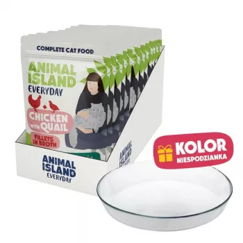 Comida húmida para gato ANIMAL ISLAND frango com codorniz 12x85g + prato de cerâmica