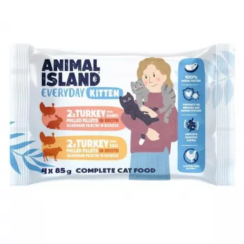 Comida húmida para gato ANIMAL ISLAND Kitten peru, coelho e vitela 4x85g