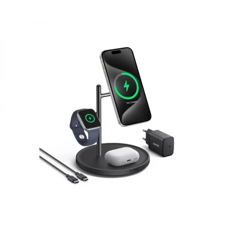 Estação de carregamento Anker MagGo B25M3312 3 em 1 Qi2, 15 W para smartphone, preto