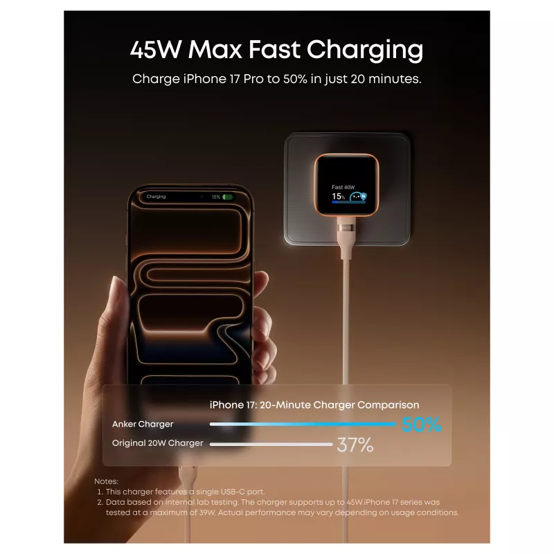 Carregador Anker Nano Charger 45W GaN USB-C com ActiveShield 5.0, Touch-Sensor, SmartDisplay, iPhone-Erkennung, laranja
