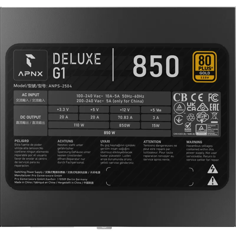 APNX DELUXE G1 850 fonte de alimentação ATX 850W 80 PLUS Gold totalmente modular preta