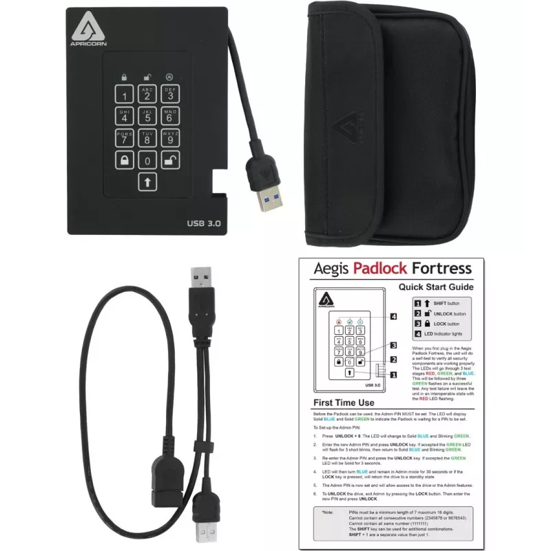 Apricorn Aegis Padlock Fortress A25-3PL256-500F disco externo - 500GB - USB 3.2 Gen 1 - encriptação de hardware AES 256-bit - preto