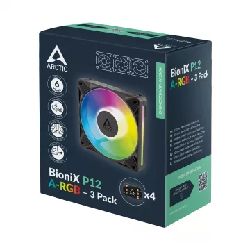 Arctic BioniX P12 A-RGB ventoinha de caixa 120 mm PWM (pack de 3) – RGB endereçável, 450-3000 rpm, 129 m³/h, preto