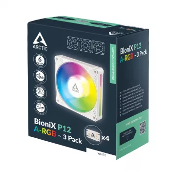 Arctic BioniX P12 A-RGB White 3-Pack – ventoinhas de caixa 120mm PWM com RGB endereçável e Daisy Chain, 450-3000 rpm