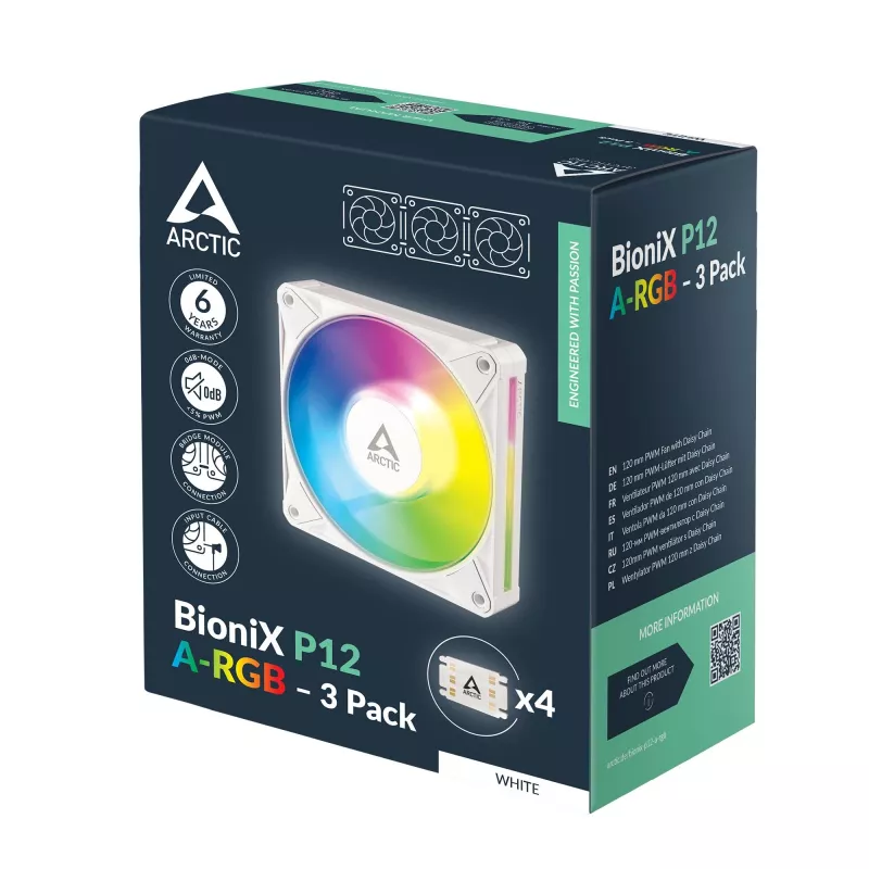 Arctic BioniX P12 A-RGB White 3-Pack – ventoinhas de caixa 120mm PWM com RGB endereçável e Daisy Chain, 450-3000 rpm