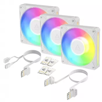 Arctic BioniX P12 A-RGB White 3-Pack – ventoinhas de caixa 120mm PWM com RGB endereçável e Daisy Chain, 450-3000 rpm