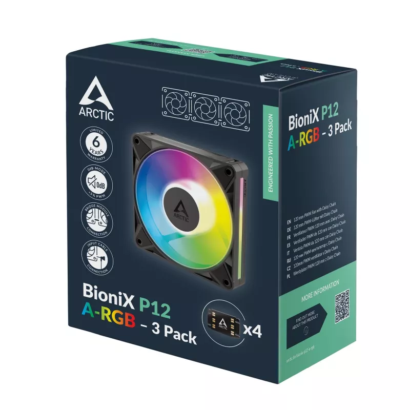 Ventoinha Arctic BioniX P14 A-RGB 140mm PWM pack de 3 - preto - RGB endereçável, 2500 rpm, 186 m³/h