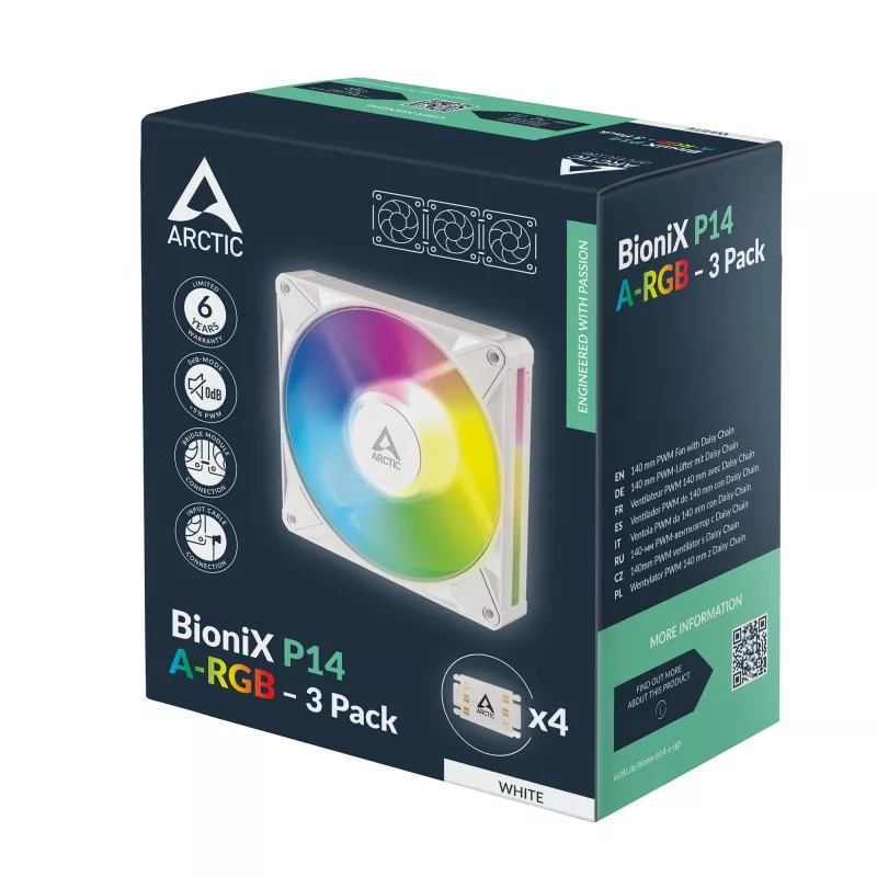 Arctic BioniX P14 A-RGB (branco) pack de 3 | ventoinha de caixa PWM de 140 mm com iluminação A-RGB, 400–2500 rpm