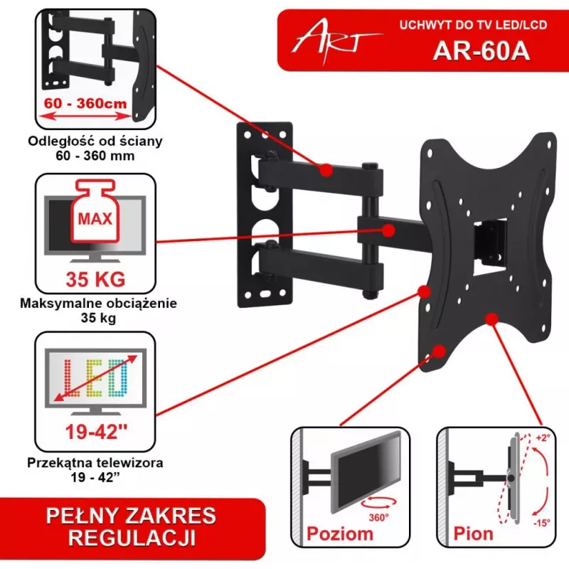 ART AR-60A Suporte de parede para TV Full Motion para ecrãs LED/LCD de 19-42 polegadas, 35 kg, Preto