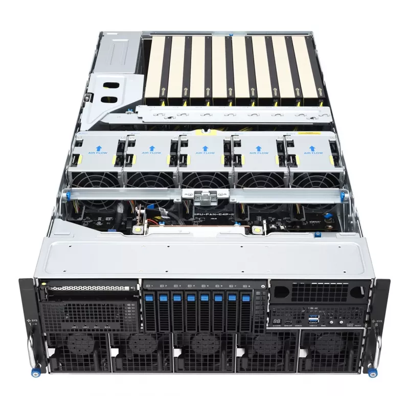 Plataforma de servidor em rack 4U ASUS ESC8000A-E13X AMD EPYC 9005 8xNVMe 2xM.2 2x10GbE 8xQSFP IPMI R3200W