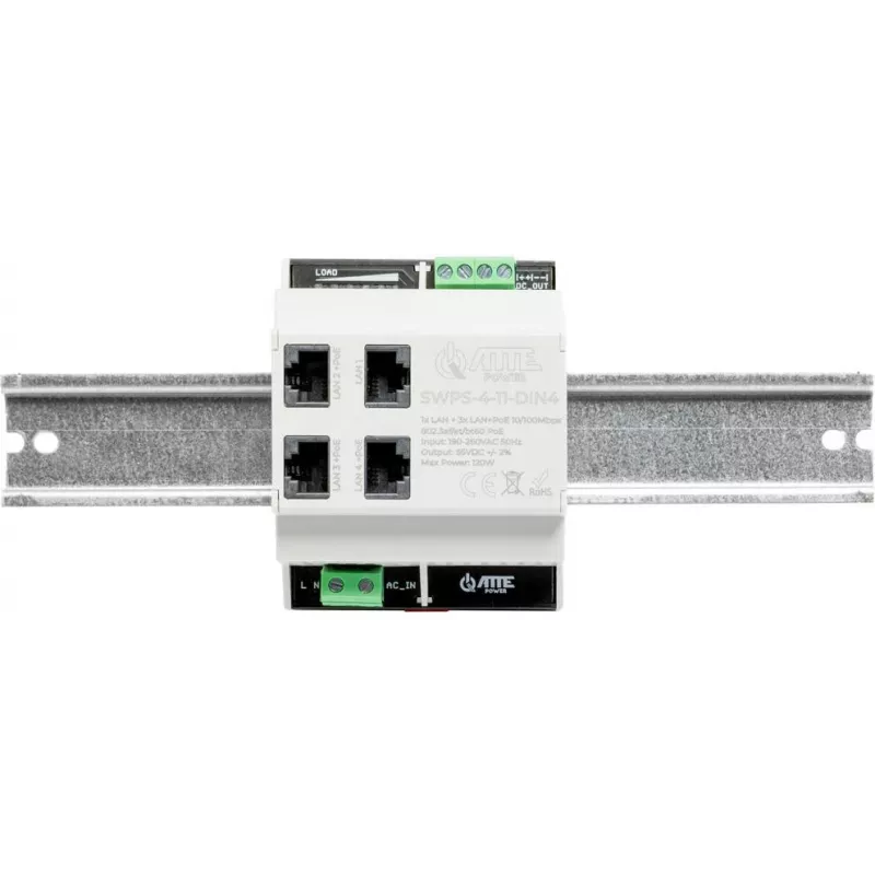 ATTE SWPS-4-11-DIN4 Switch PoE+ industrial de 4 portas com fonte de alimentação integrada, montagem em calha DIN, orçamento 60W
