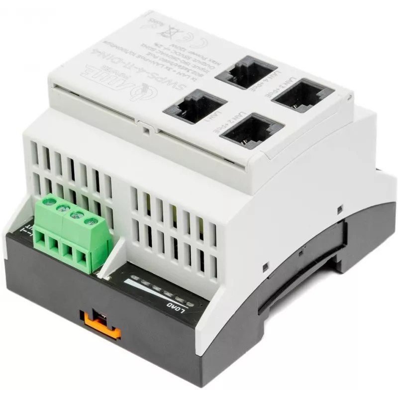 ATTE SWPS-4-11-DIN4 Switch PoE+ industrial de 4 portas com fonte de alimentação integrada, montagem em calha DIN, orçamento 60W
