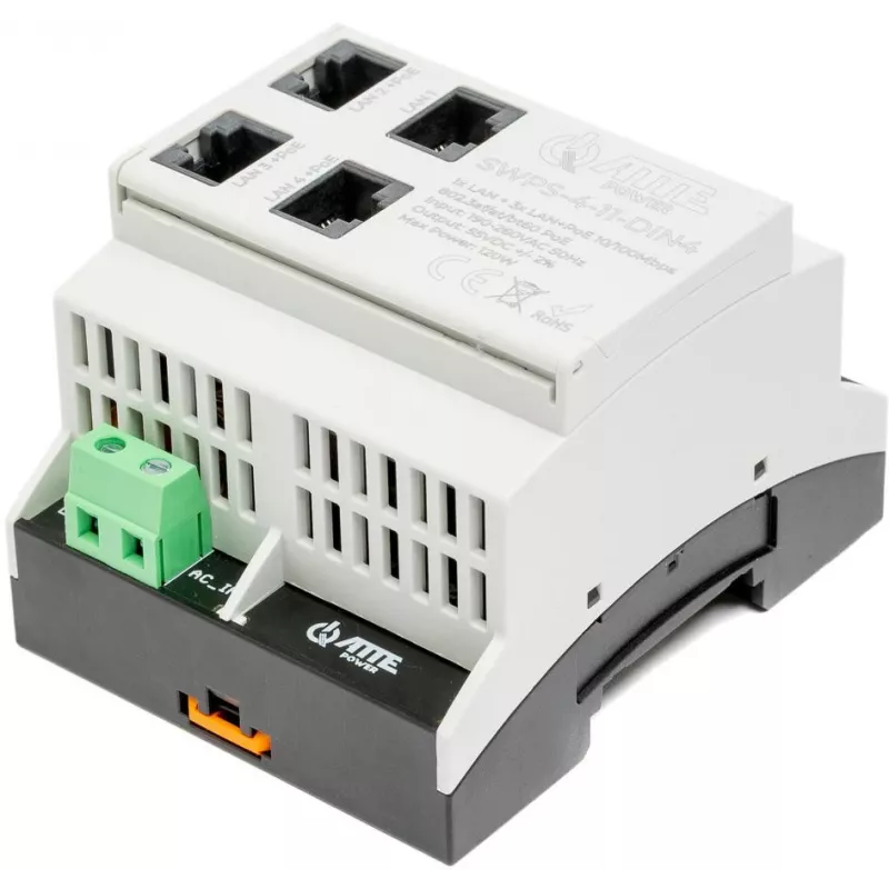 ATTE SWPS-4-11-DIN4 Switch PoE+ industrial de 4 portas com fonte de alimentação integrada, montagem em calha DIN, orçamento 60W