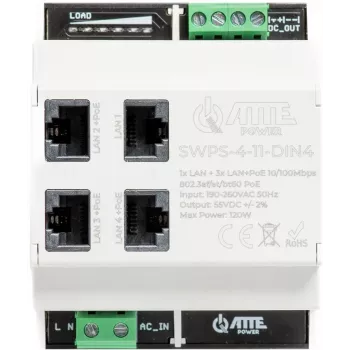 ATTE SWPS-4-11-DIN4 Switch PoE+ industrial de 4 portas com fonte de alimentação integrada, montagem em calha DIN, orçamento 60W