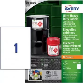 Avery Zweckform B4775-50 Etiquetas de filme de polietileno brancas A4, adesivo permanente, laser/fotocopiadora, 50 etiquetas, 210 x 297 mm