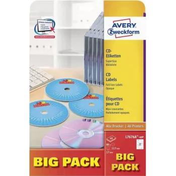Etiquetas para CD/DVD Avery Zweckform L7676A-40P, Ø 117 mm, branco, 40 folhas / 80 etiquetas, A4, jato de tinta e laser